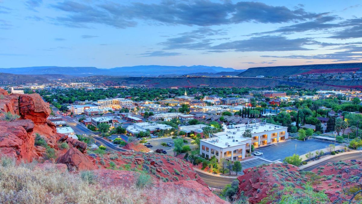 St. George, Utah at dusk, seen from the red rock cliffs above the town