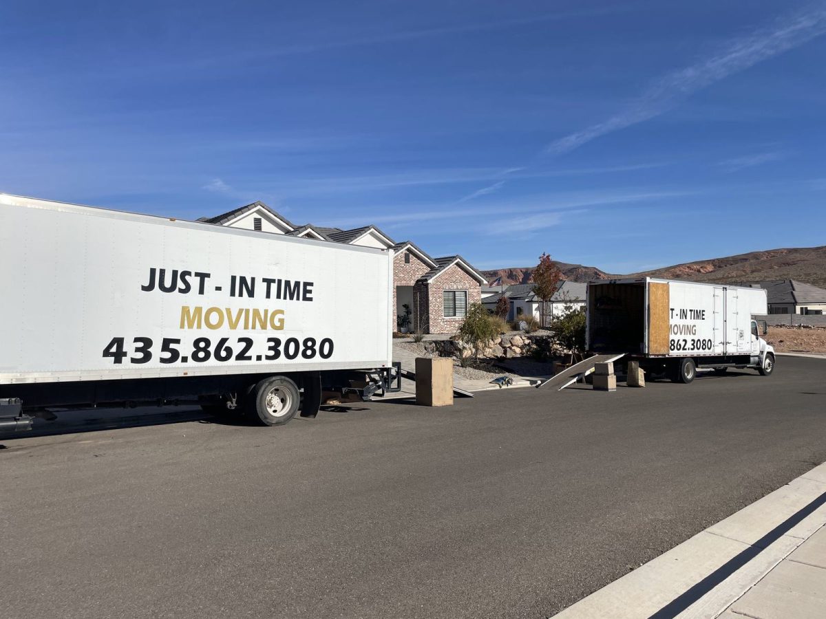 A Just-In Time Moving truck on a residential street in Southern Utah