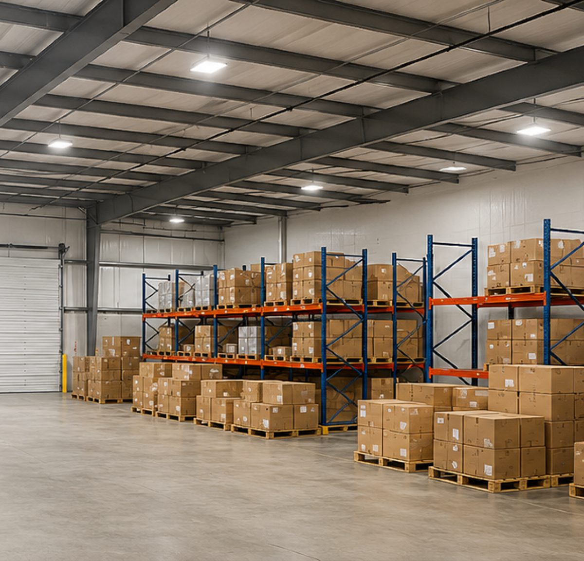 Pallet racking and boxed inventory inside a warehouse, with roller doors along one wall